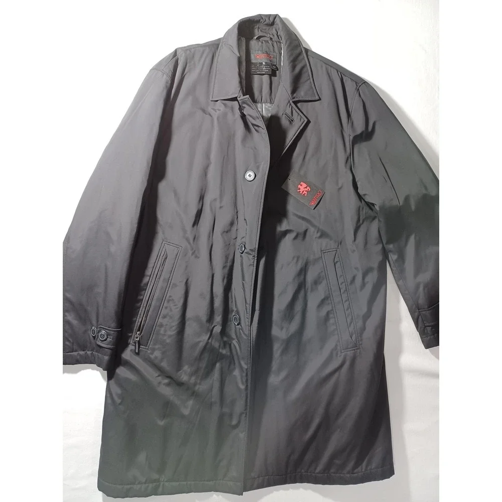 Di Quattro Coat Mens 44R Black Rain Overcoat Quilted Lined Button Front